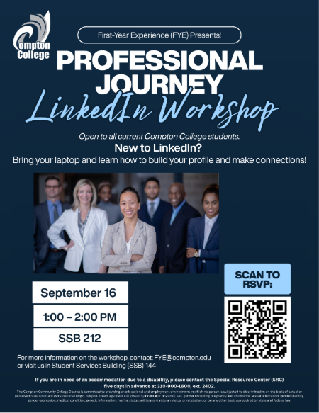 LinkedIn Workshop on Wednesday September 16 from 1pm to 2pm in Student Services Building 212 