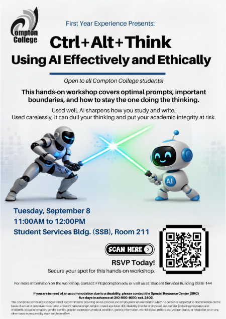 Using AI Effectively and Ethically on Tuesday September 8 from 11am - 12pm in Student Services Building Room 211
