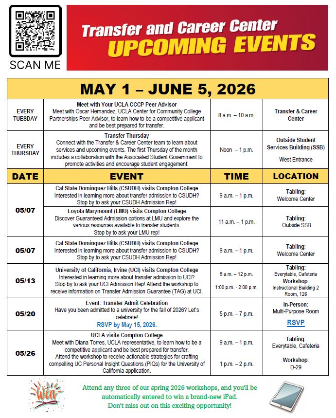 Flyer for Compton College Transfer and Career Center upcoming events from May 1 through June 5, 2026. Events include Transfer Thursdays, UCLA CCCP peer advising, university representative visits from CSUDH, LMU, UCI, and UCLA, plus the Transfer Admit Celebration on May 20. Includes event dates, times, locations, and RSVP information.