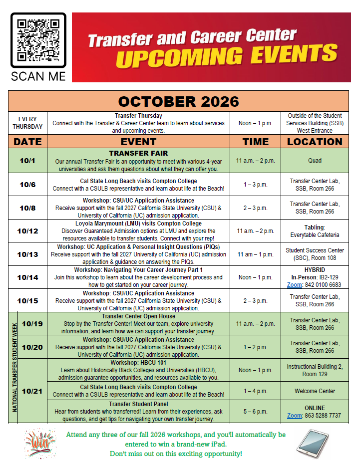 Oct_Upcoming_Events_2026 Flyer for Compton College Transfer & Career Center upcoming events for October 2026. Events include Transfer Thursdays, university representative visits, CSU and UC application assistance, career workshops, National Transfer Student Week activities, and a Transfer Student Panel. University representatives include CSULB, LMU, CSUDH, UCLA, and CSUF. Events are offered in person, online, and hybrid, with dates, times, and locations provided on the flyer.