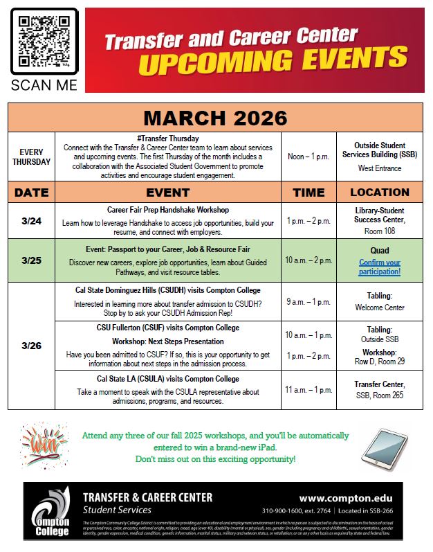 Flyer for Compton College Transfer & Career Center upcoming events for March 2026. Events include Transfer Thursdays, university representative visits, career fair preparation workshops, and the Passport to Your Career Job and Resource Fair on March 25. Includes event dates, times, and campus locations. 