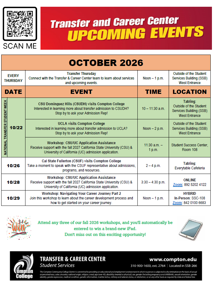 2.TC_Upcoming_Events_Oct_2026 Flyer for Compton College Transfer & Career Center upcoming events for October 2026. Events include Transfer Thursdays, university representative visits, CSU and UC application assistance, career workshops, National Transfer Student Week activities, and a Transfer Student Panel. University representatives include CSULB, LMU, CSUDH, UCLA, and CSUF. Events are offered in person, online, and hybrid, with dates, times, and locations provided on the flyer.
