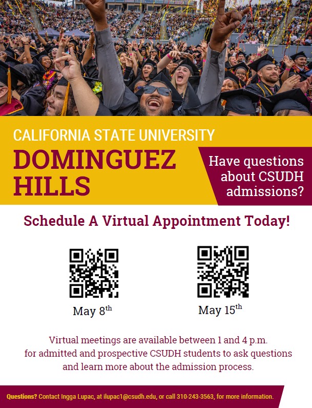 CSUDH_May2026_Virtual_Visits Flyer for California State University, Dominguez Hills virtual admissions appointments for Compton College students. Students can schedule virtual meetings with a CSUDH admissions representative on May 8 or May 15 from 1 to 4 p.m. Includes QR codes and contact information for questions.