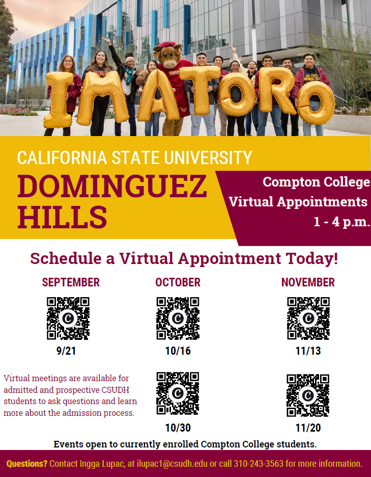 FA26_CSUDH_Virtual Flyer for Cal State Dominguez Hills virtual admissions appointments for currently enrolled Compton College students. Students can meet individually with a CSUDH representative to ask questions and learn about the admission process. Appointments are available from 1–4 p.m. on select dates in September, October, and November, with QR codes to schedule.