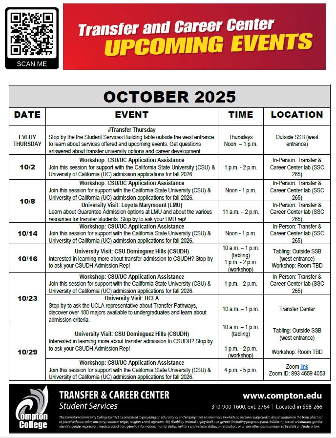 Compton College Transfer & Career Center October 2025 events, including weekly Transfer Thursdays, CSU/UC application workshops, and university visits from LMU, CSUDH, and UCLA.
